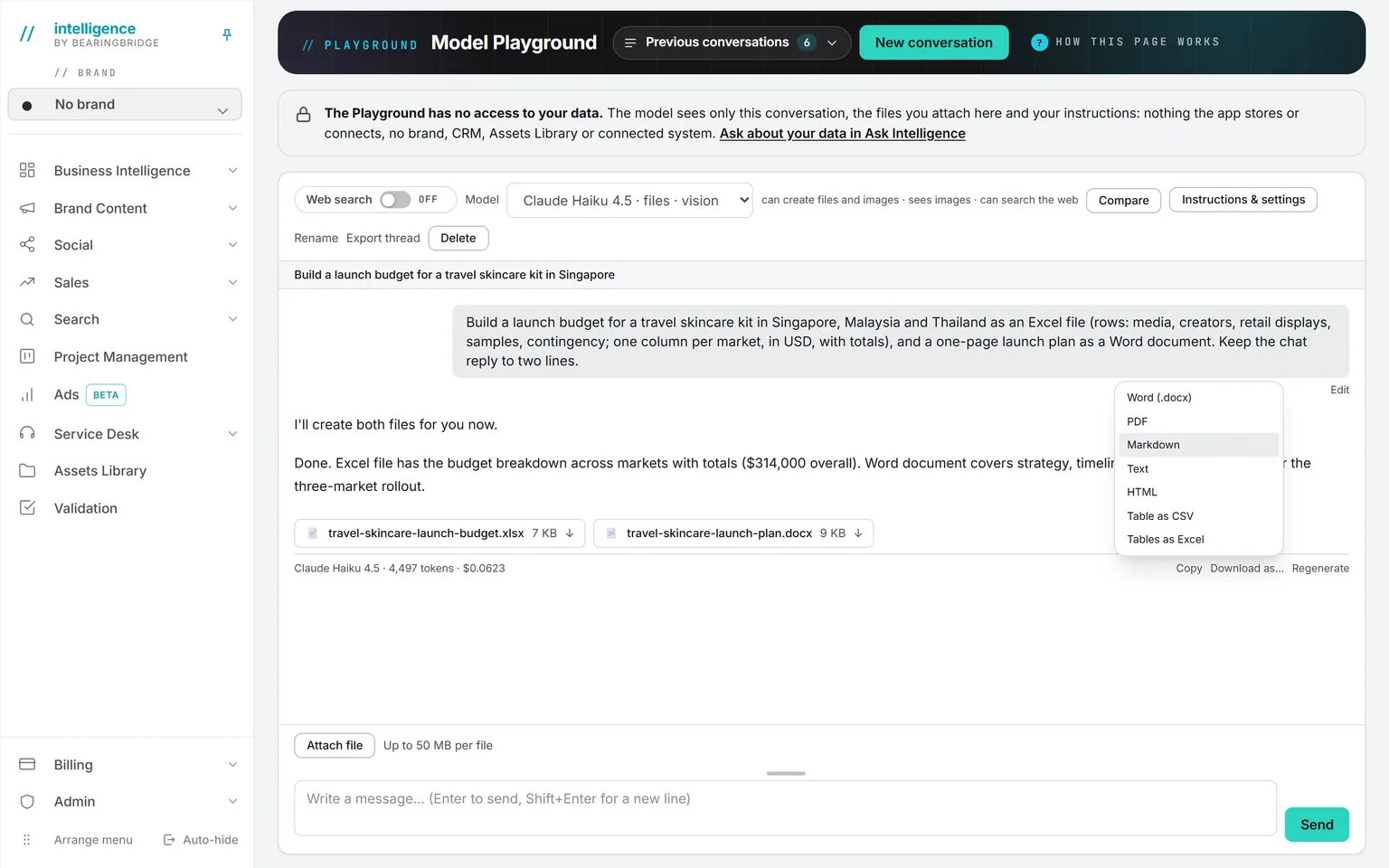A Playground answer with a spreadsheet and a Word document the model created, ready to download, and the Download as menu open with seven export formats