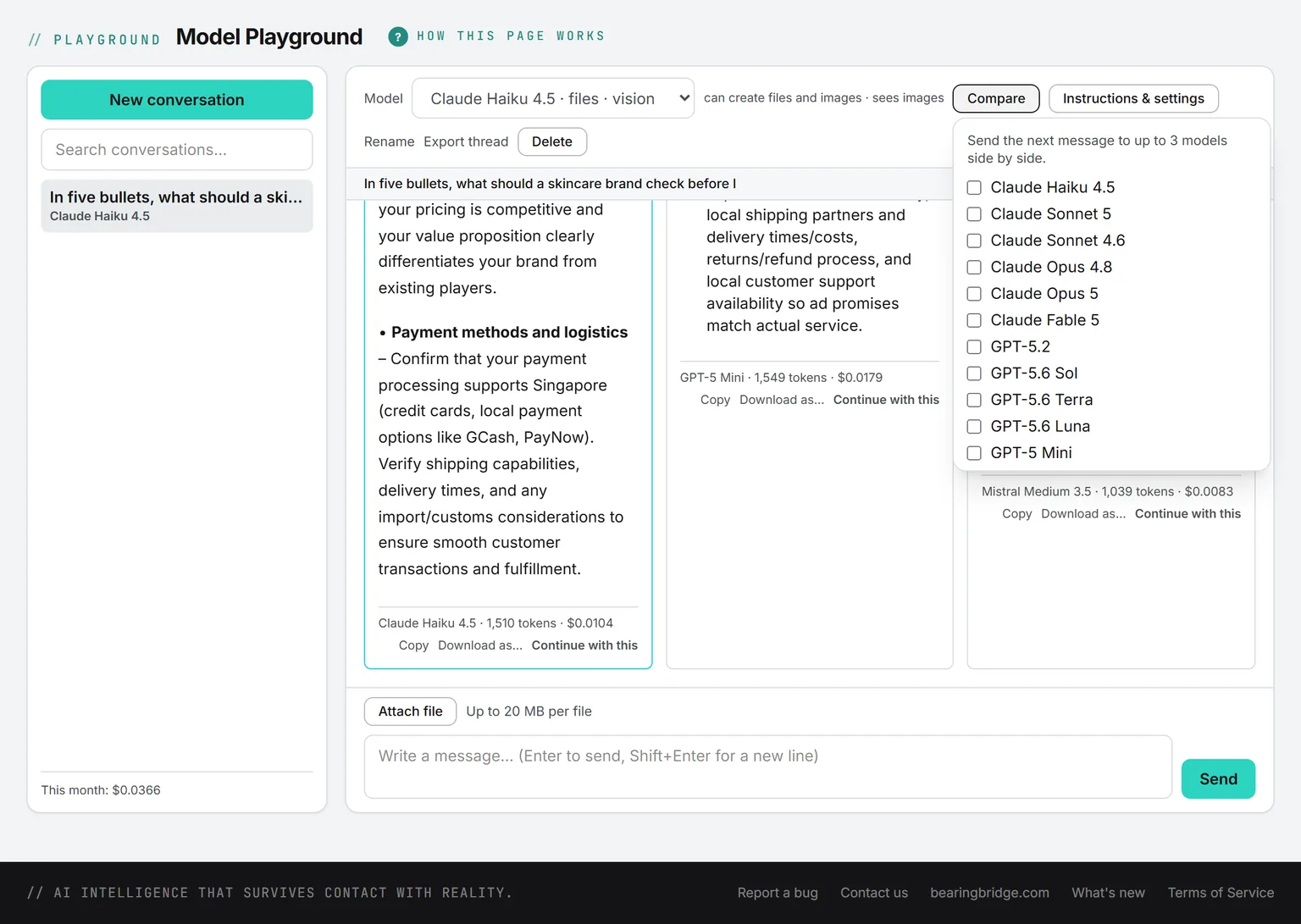 The model picker open, listing models from Anthropic, OpenAI, Kimi and Mistral with their capabilities