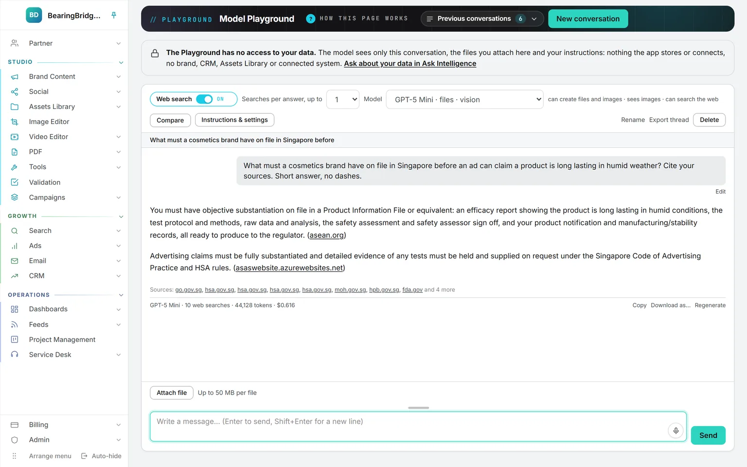 A Playground answer with web search on: GPT-5 Mini citing twelve sources on Singapore cosmetics rules, most of them government sites, with 10 web searches counted in the tokens and the price