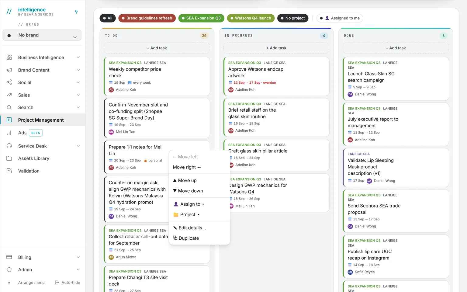 The Kanban lanes To Do, In Progress and Done, with the right-click menu of a card open: move, assign, change project, edit, duplicate