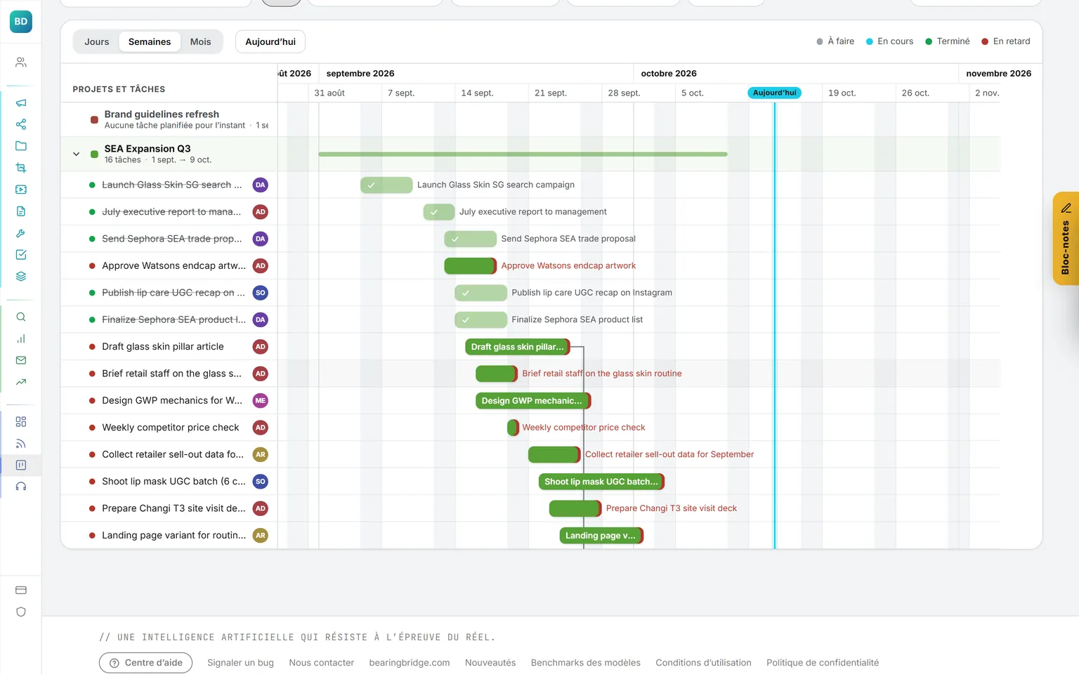 La vue Gantt des mêmes tâches : une section par projet, une barre par tâche, des flèches reliant chaque tâche à celle qui en dépend, et la ligne du jour