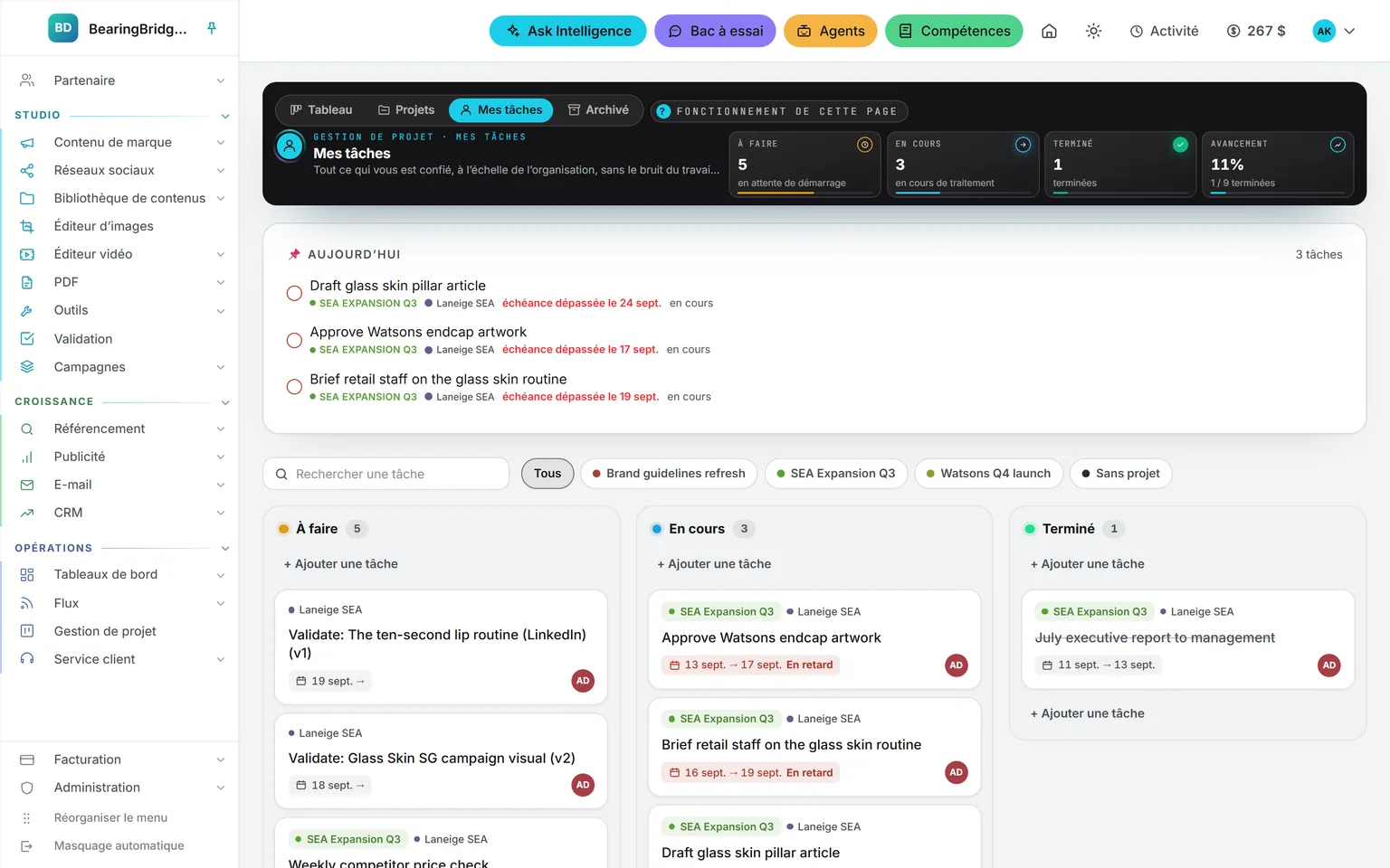 Mes tâches : le tableau ramené aux seules tâches qui me sont attribuées, tous projets confondus, le panneau Aujourd’hui au-dessus et une puce par projet pour filtrer