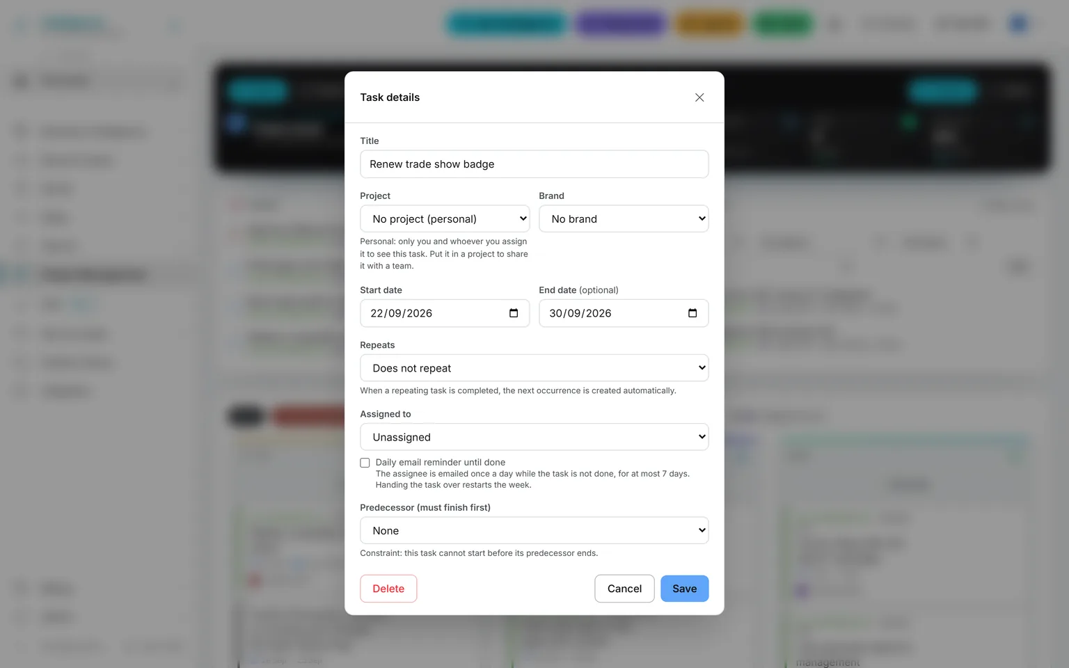 The task editor of a personal task: no project, a note that only its author and assignee see it, repeat, assignee, daily reminder and predecessor