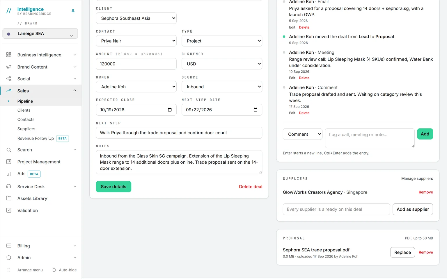 The same deal scrolled down: notes, the rest of the timeline, a supplier attached with Add as supplier, and the proposal PDF with Replace and Remove