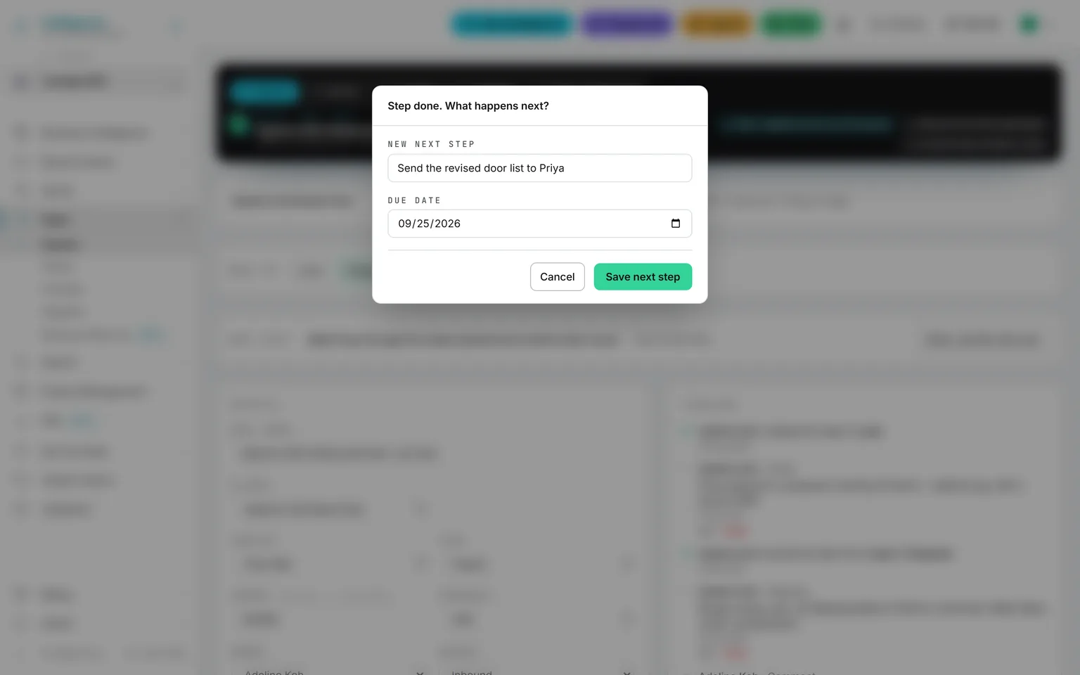 Marking a next step done: a dialog asks for the new next step and its due date before the box closes