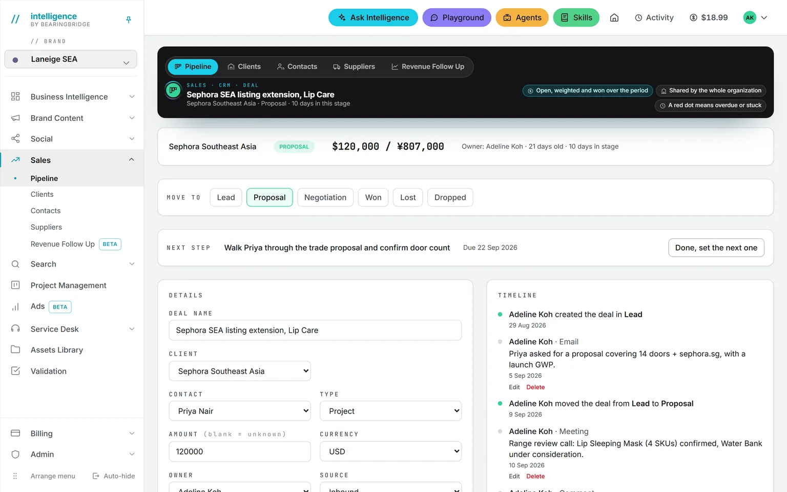 One deal, top of the page: the stage stepper at Proposal, the pinned next step, the client and contact fields, and the start of the timeline