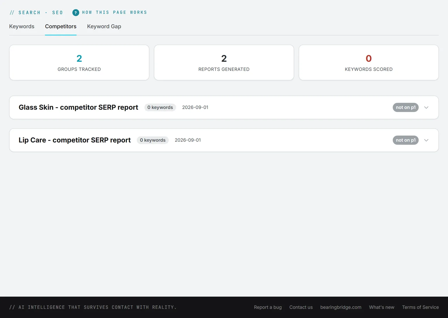 The competitors page: groups tracked, reports generated, and stored search-results reports per cluster
