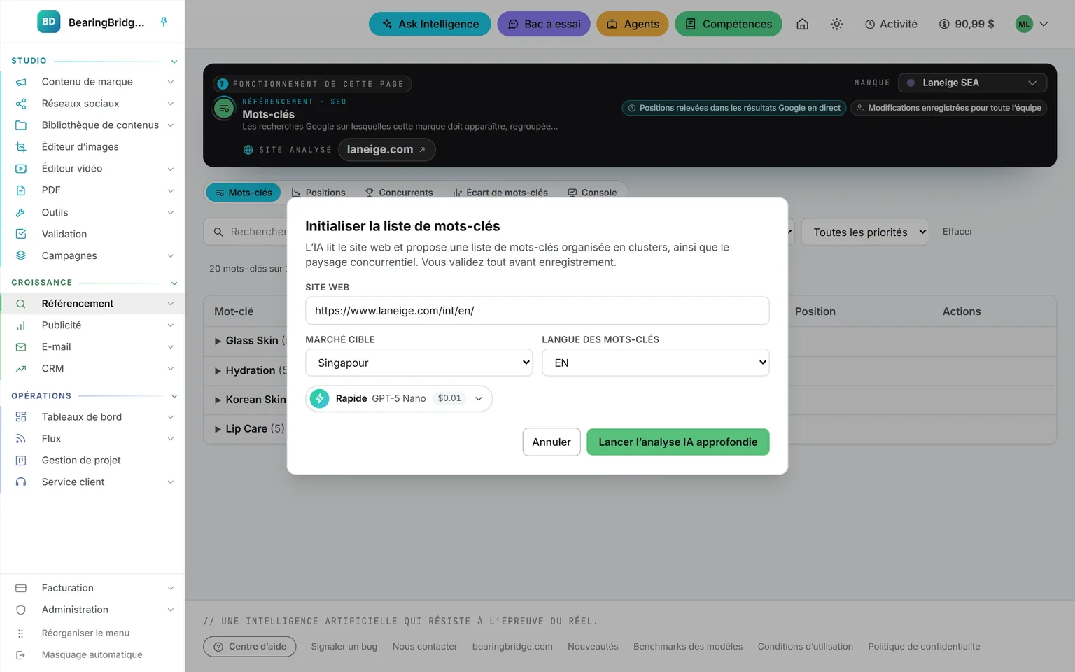 Le formulaire « Initialiser avec l’IA » : site web, marché cible, langue des mots-clés et modèle qui l’exécutera