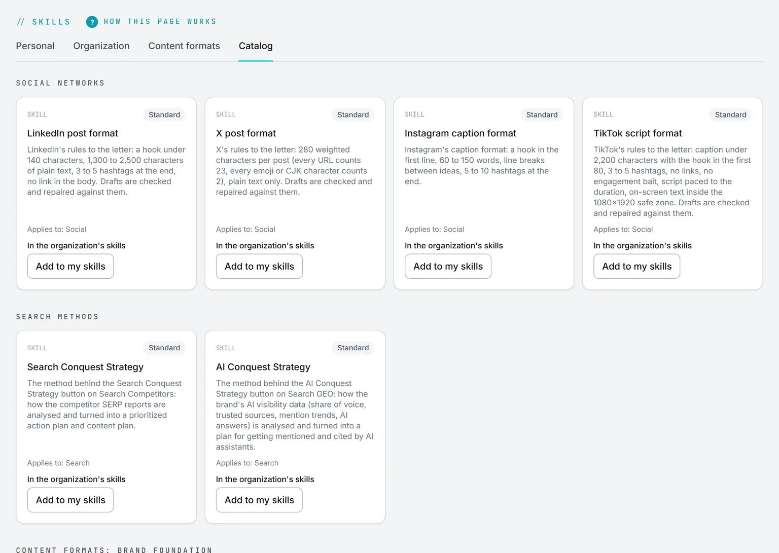 The skills catalog: LinkedIn, X, Instagram and TikTok post formats and the two conquest strategies, each with a short description and the surface it applies to