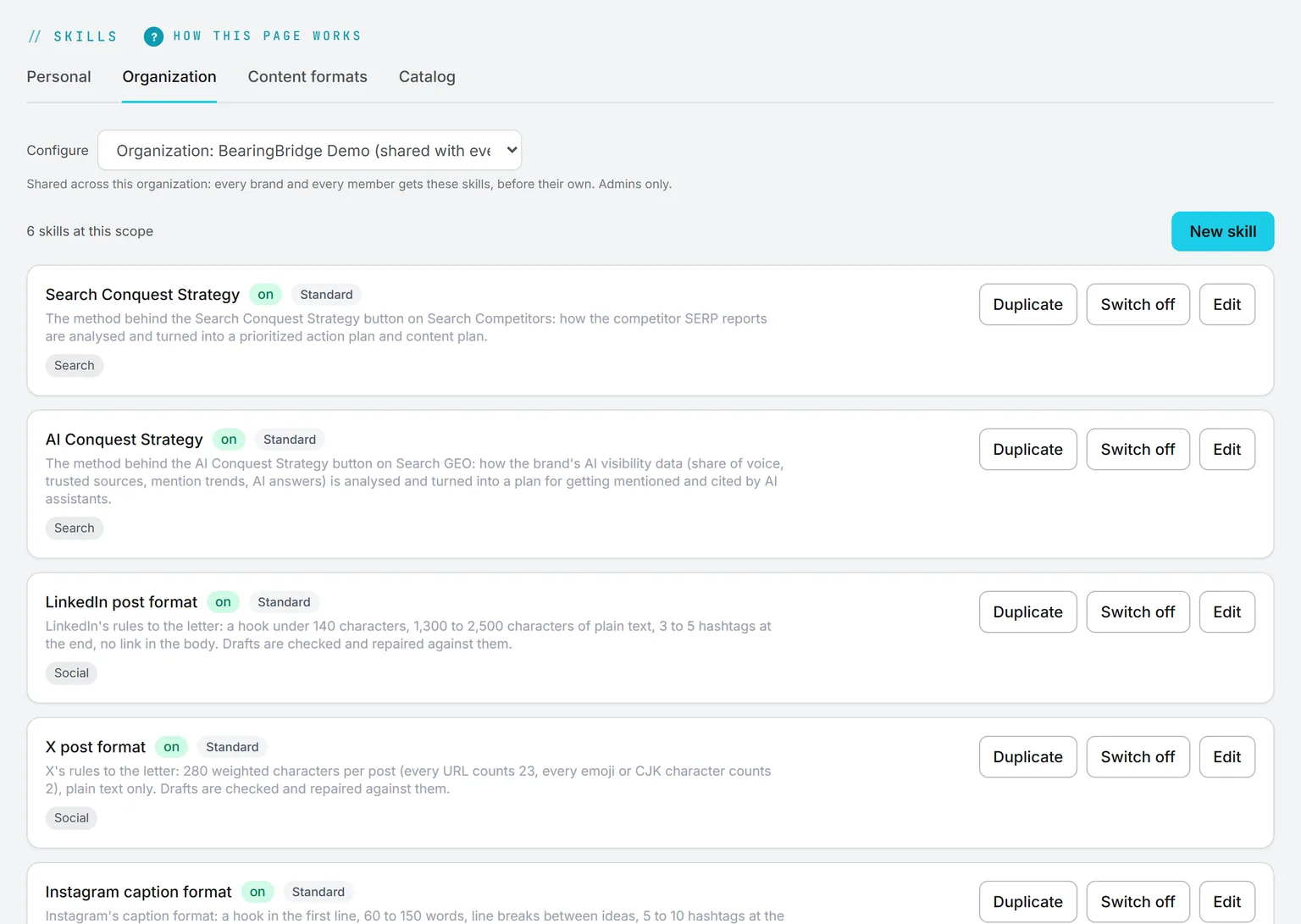 The Organization tab of Skills, with the scope picker set to the whole organization