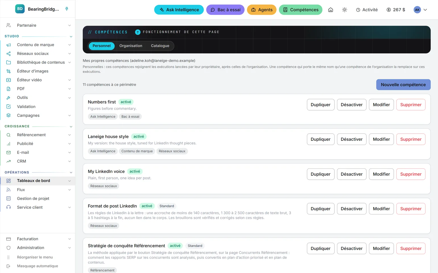 L’onglet Personnel de la page Compétences : les dix compétences d’une personne, de Numbers first, pour Ask Intelligence et le Bac à essai, à une version personnelle du style maison de l’organisation, en passant par une voix LinkedIn et des copies personnelles de deux compétences standard