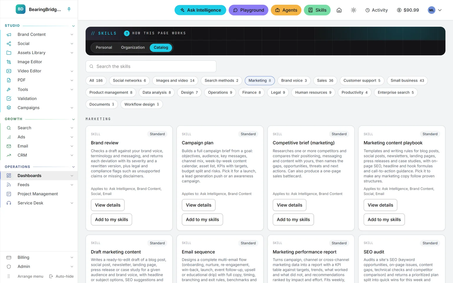 The skills catalog narrowed to the Marketing section: the search box, one chip per section with its count, and the marketing skills, each with View details and Add to my skills