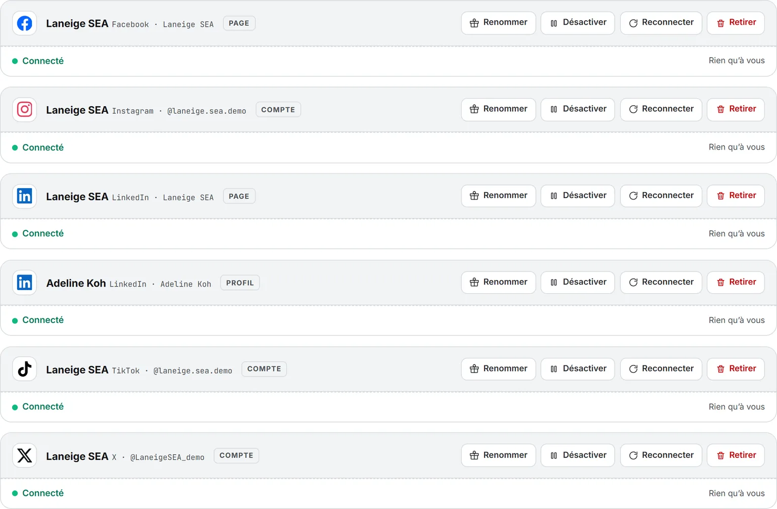 Six comptes connectés dans Mes connexions : Facebook, Instagram, une page et un profil LinkedIn, TikTok et X, chacun marqué connecté et réservé à vous seul