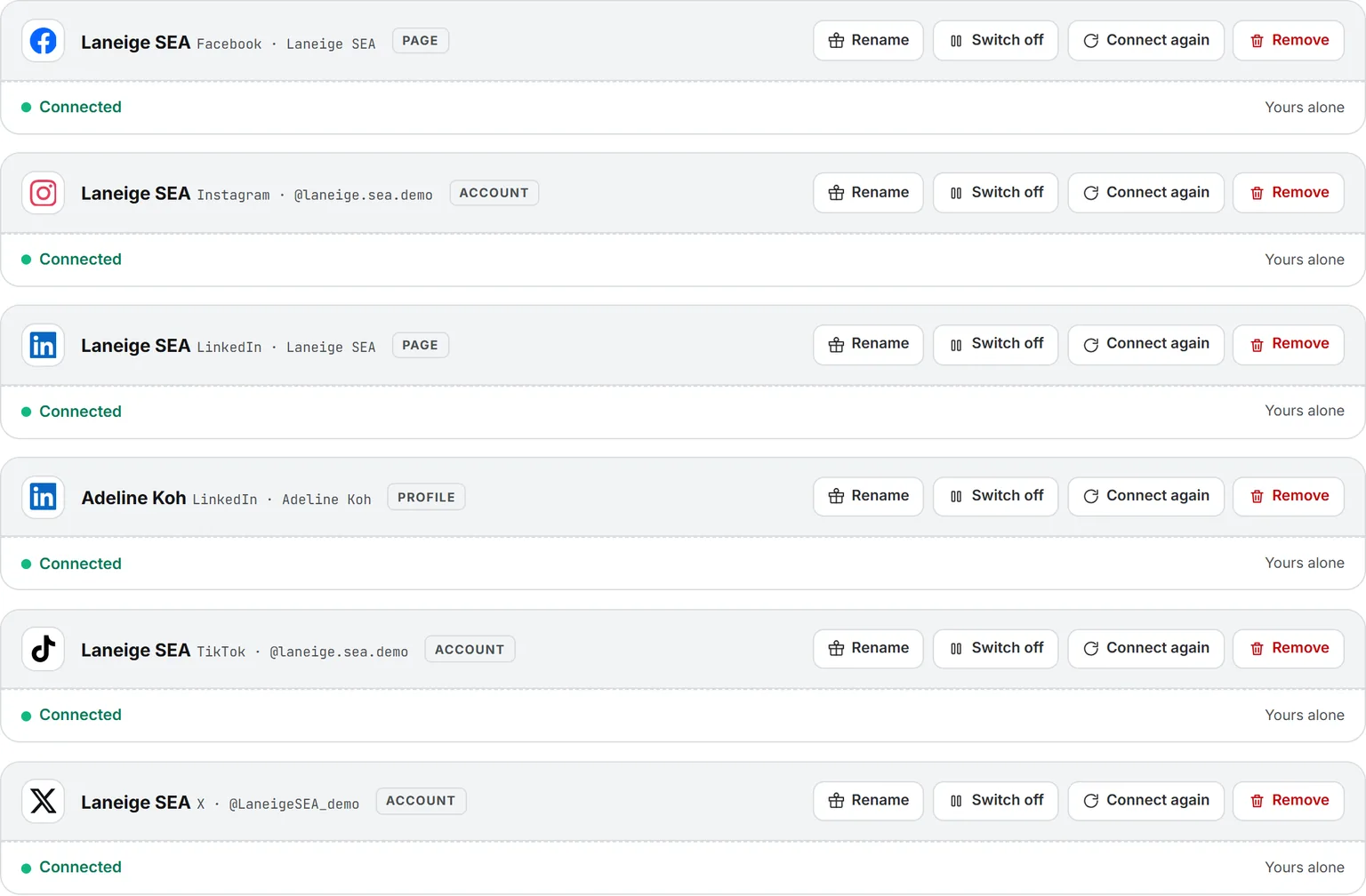 Six connected accounts on My Connections: Facebook, Instagram, a LinkedIn page and a LinkedIn profile, TikTok, and X, each marked connected and yours alone