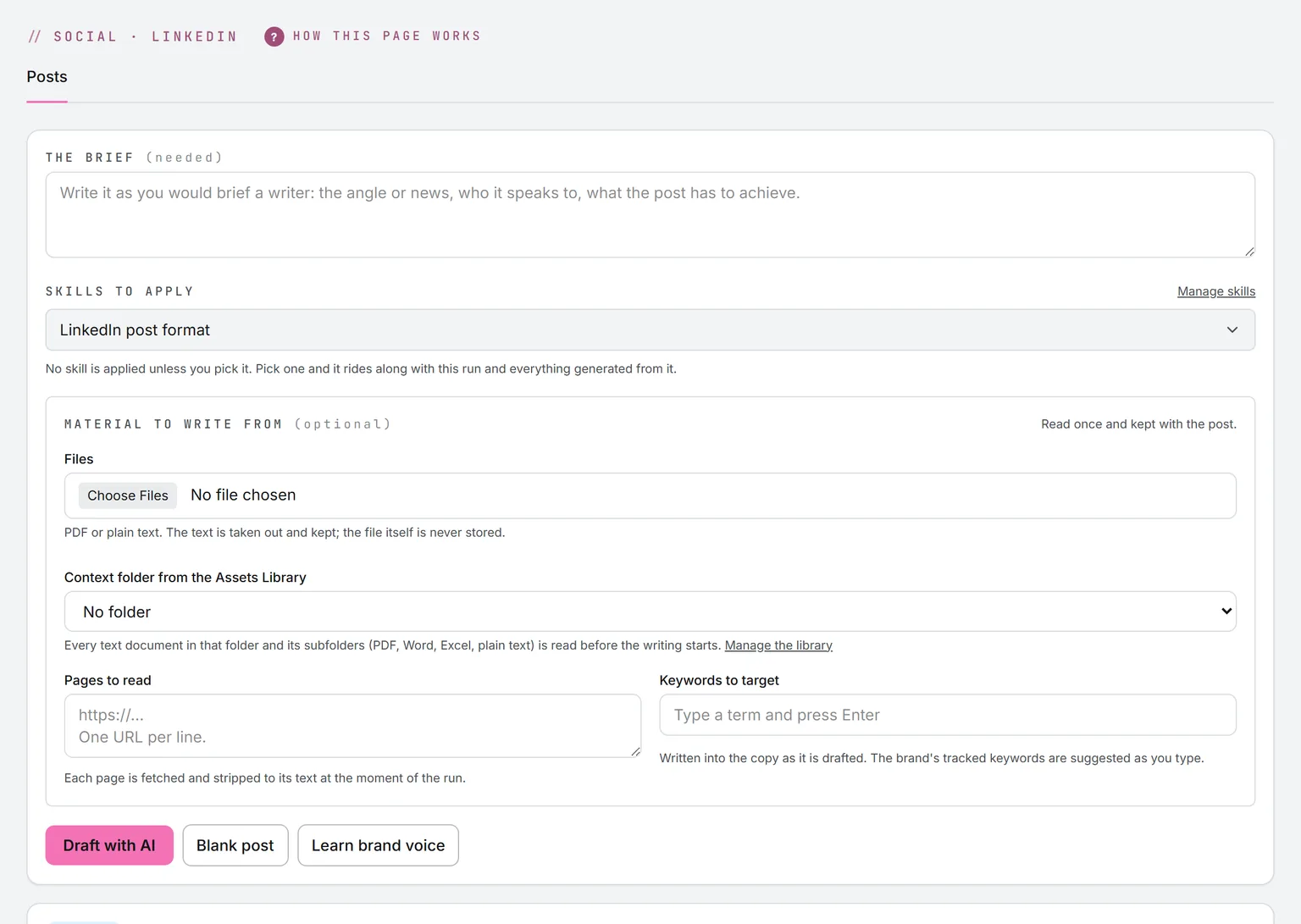 The LinkedIn workspace with the brief form: brief, files, pages to read, keywords, and the skills dropdown