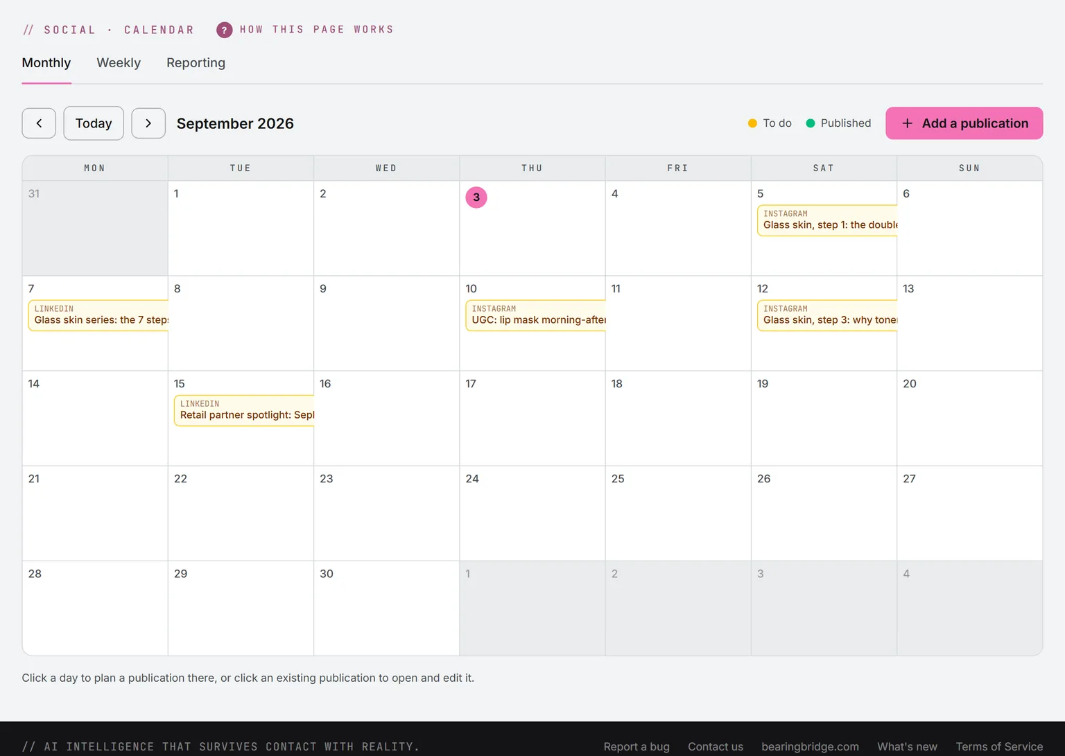 The monthly calendar for September with publications in amber for to do and green for published