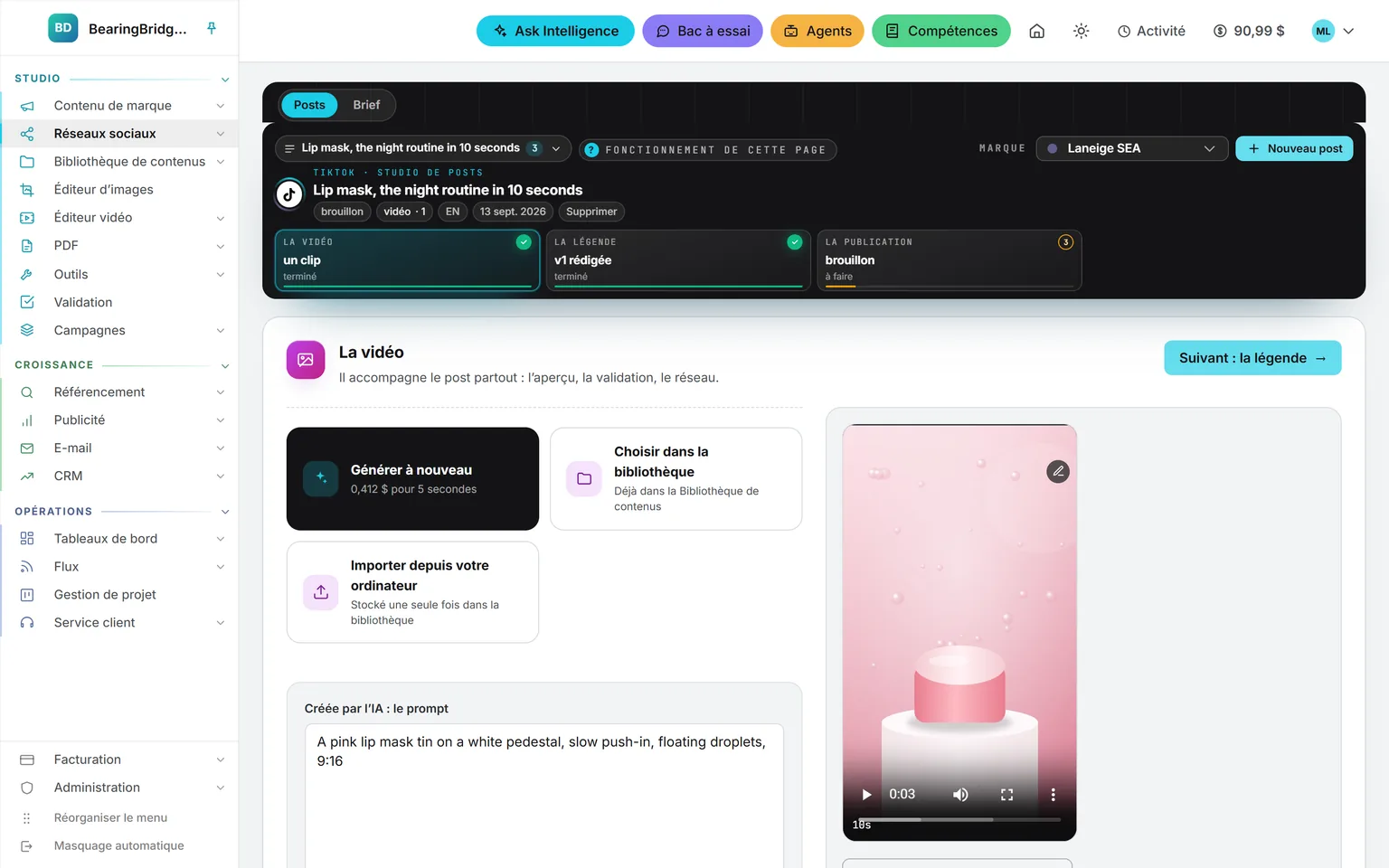 Une publication TikTok à l’étape 01 : une vidéo verticale de 10 secondes dans le lecteur, la légende et la mise en ligne en guise d’étapes suivantes