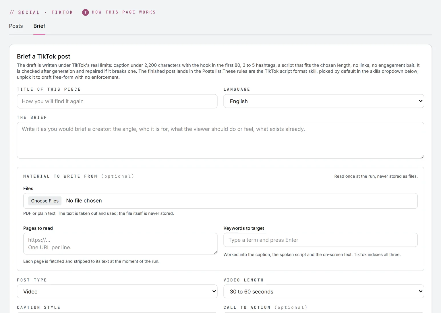 The TikTok brief studio: title, brief, files, and pages to read, keywords, post type, video length, and caption style