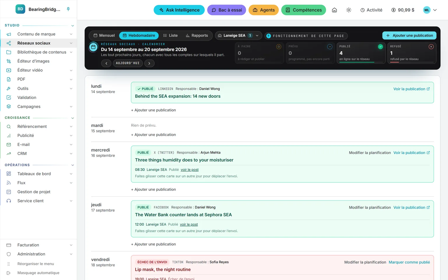 Le calendrier hebdomadaire du 14 au 20 septembre : les posts publiés avec leur heure de mise en ligne, le compte et la personne responsable, ainsi qu’une publication TikTok restée en échec