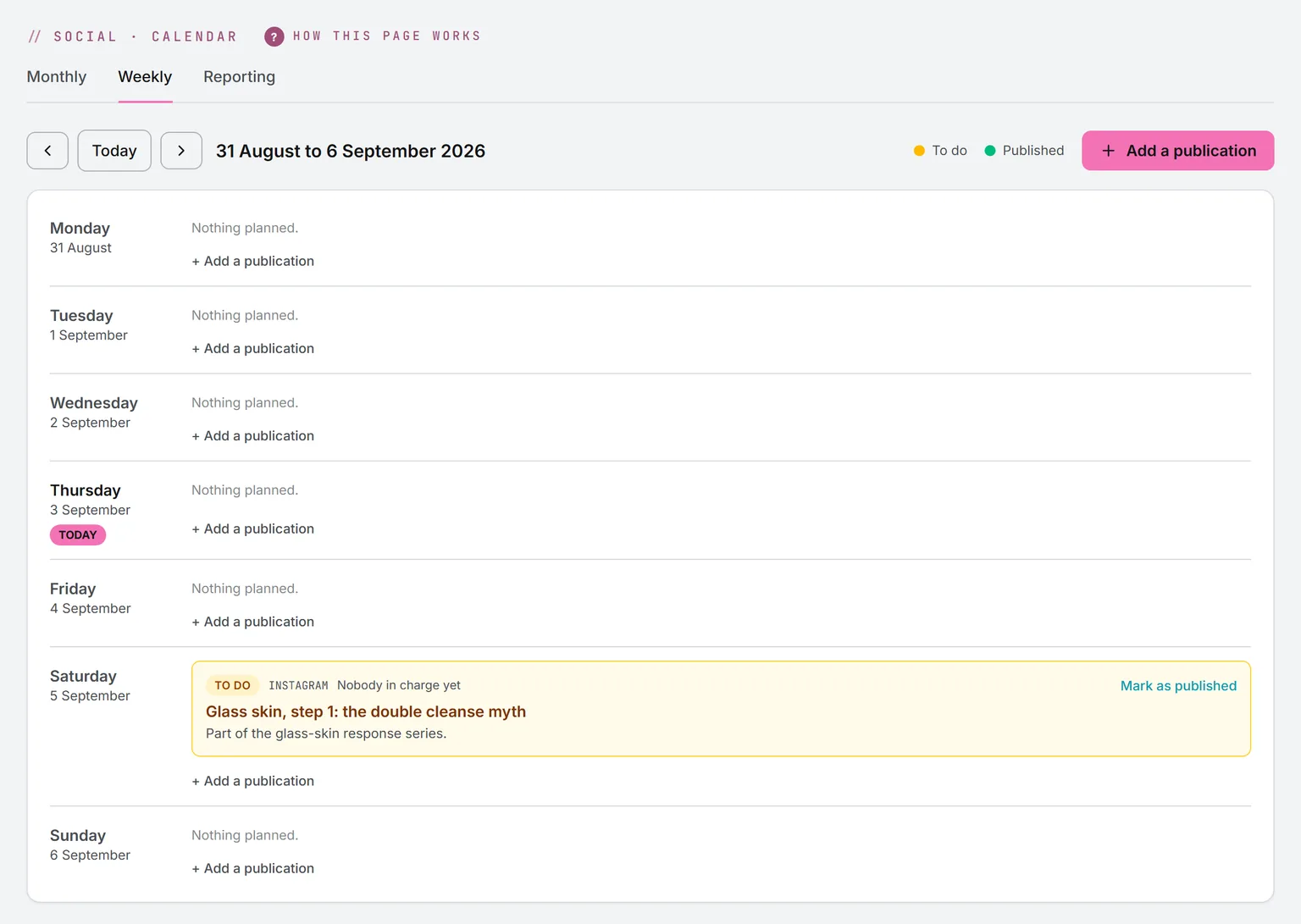 The weekly view, one row per day, with a planned Instagram post and a Mark as published button