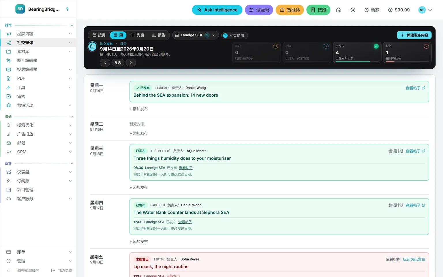 9 月 14 日至 20 日的周日历:已发布的帖子及其发出时间、账号和负责人,另有一条未能发出的 TikTok 帖子