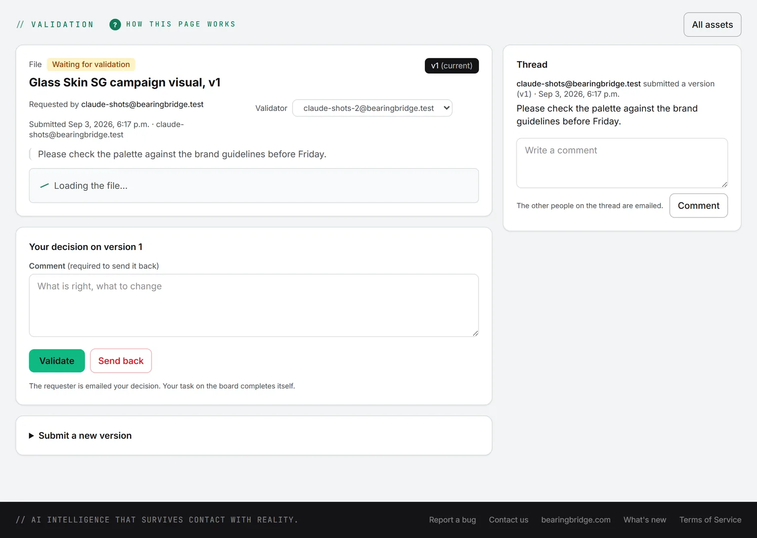 One asset: version one current, requested by one colleague, validator another, the note, the thread, the decision box with Validate and Send back, and Submit a new version