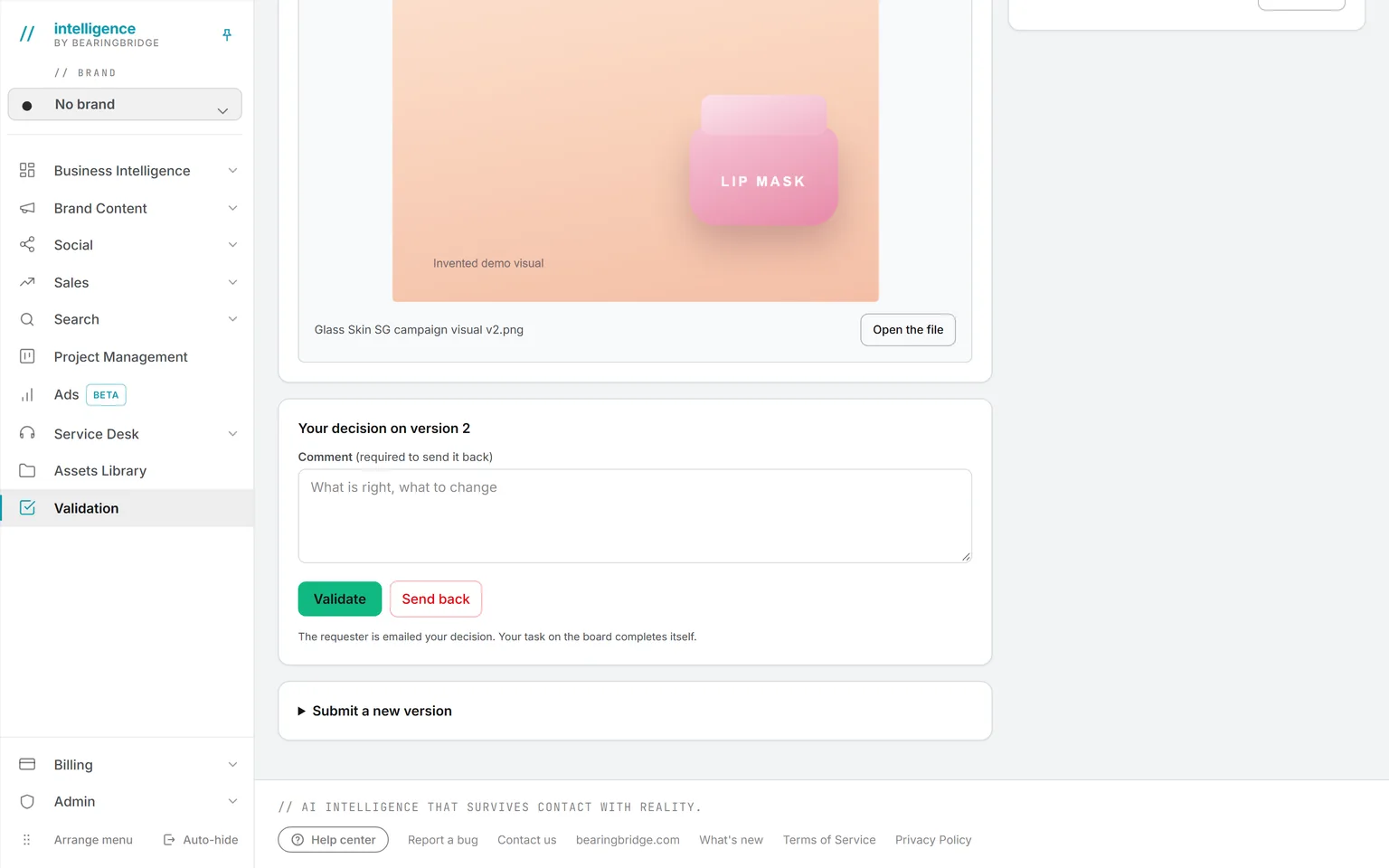 The decision box under a pending asset: a required comment field, Validate in green and Send back in red