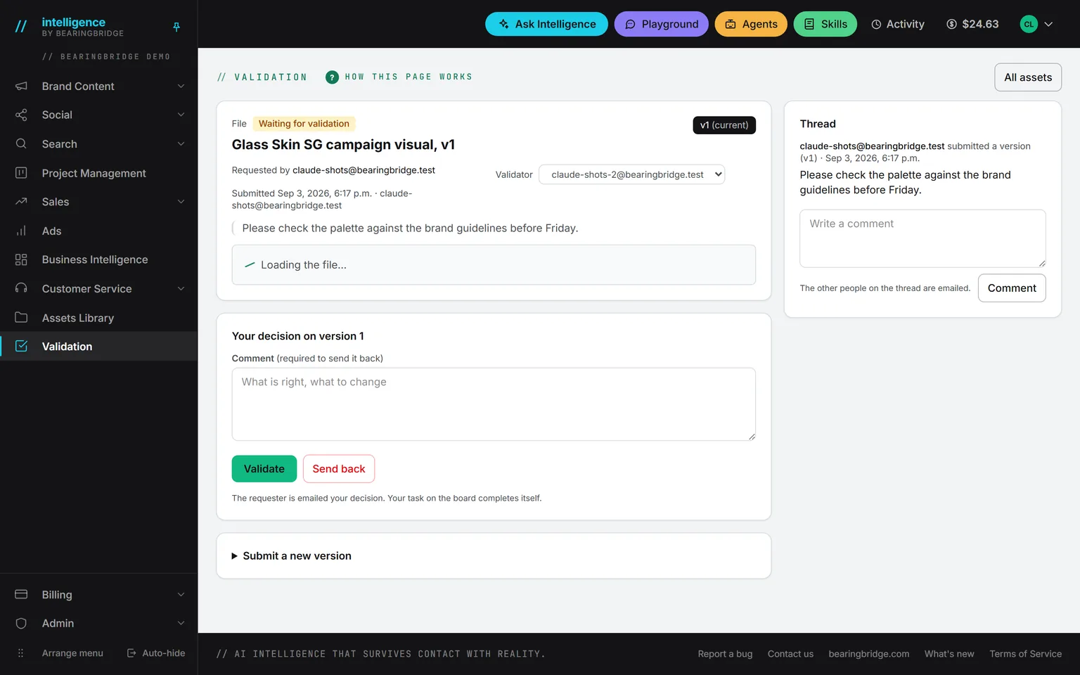 One asset waiting for validation in the demo workspace: the file, the version, the thread with the note, and the decision box with Validate and Send back