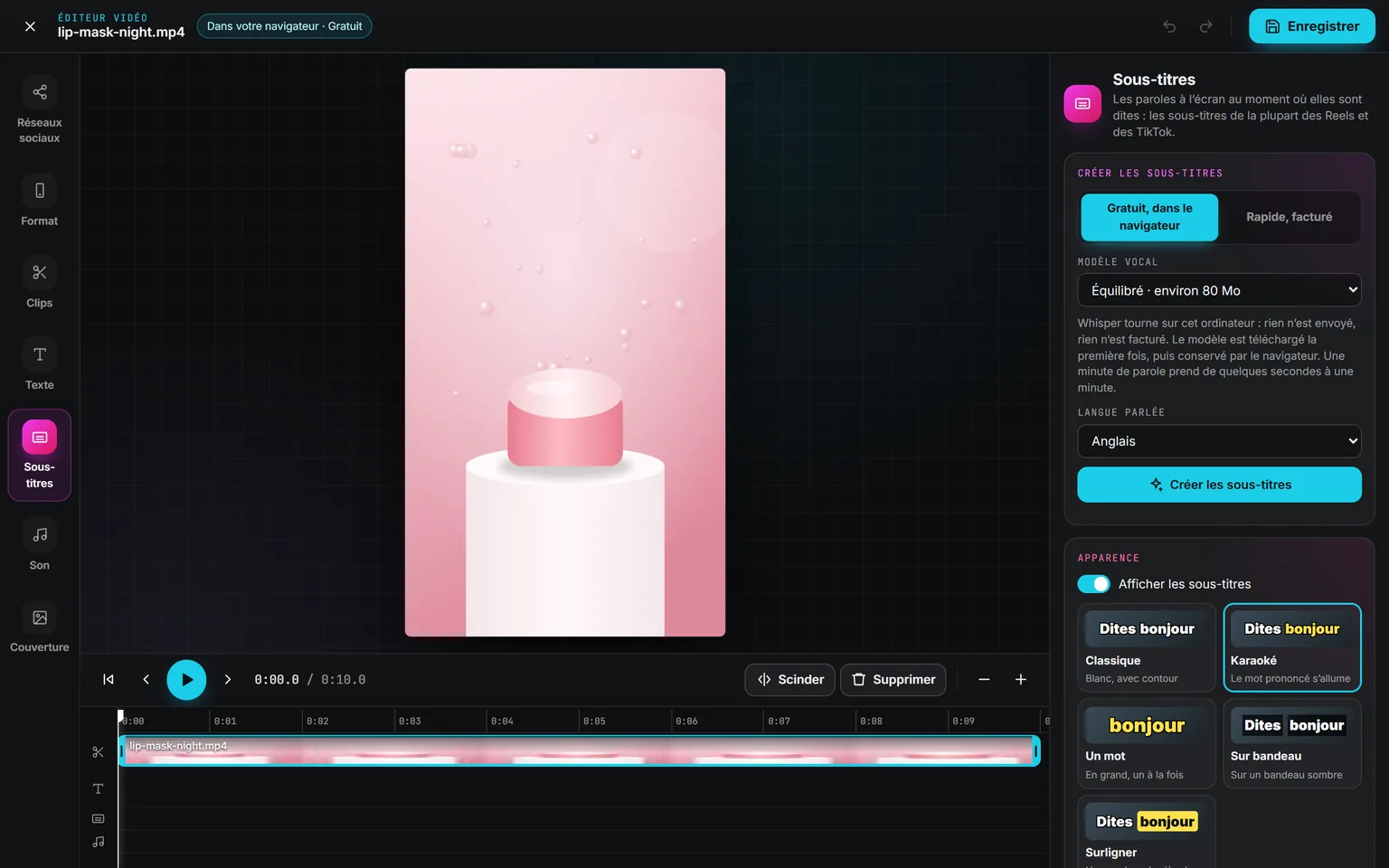 Le panneau Sous-titres réglé sur « Gratuit, dans le navigateur », avec le modèle de reconnaissance vocale, la langue parlée et les cinq styles de sous-titres : Classique, Karaoké, Un mot, Sur bandeau et Surligné