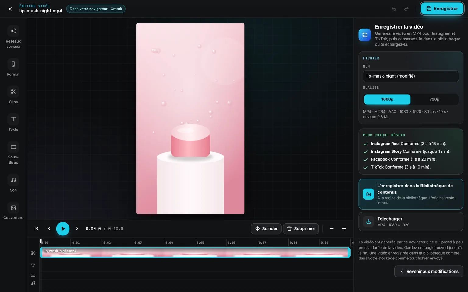 Le panneau Enregistrer la vidéo : le nom, 1080p ou 720p, les caractéristiques du fichier, un contrôle pour Instagram Reel, Instagram Story, Facebook et TikTok, puis « L’enregistrer dans la Bibliothèque de contenus » et « Télécharger »