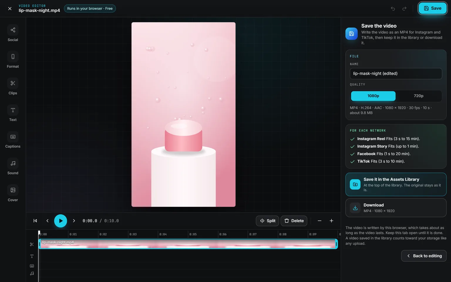 The Save the video panel: the name, 1080p or 720p, the file details, a check for Instagram Reel, Instagram Story, Facebook and TikTok, then Save it in the Assets Library and Download