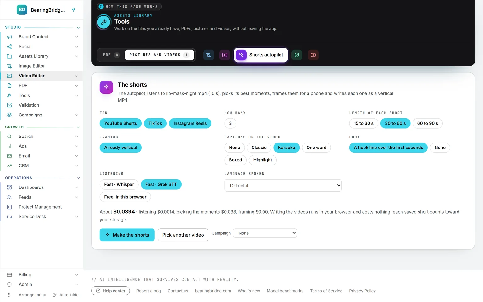 The shorts card of Shorts autopilot: YouTube Shorts, TikTok and Instagram Reels, how many shorts, their length, the framing, the caption look, the hook line, the way of listening and the language, with the price shown before Make the shorts