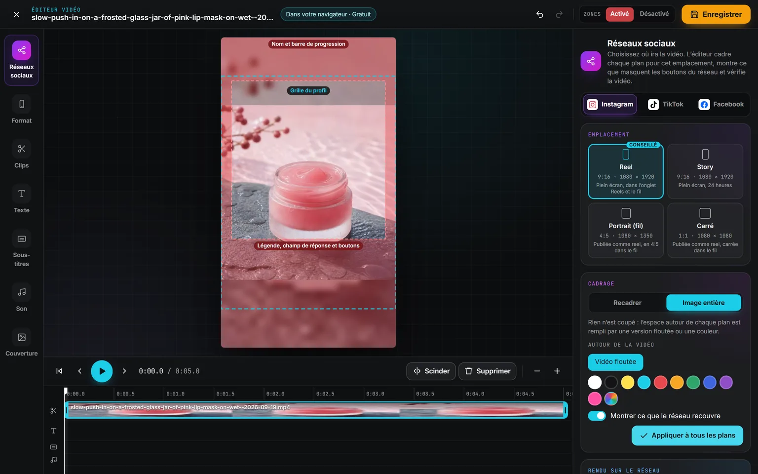 Le panneau Réseaux sociaux réglé sur Instagram, format Reel, la vidéo affichée en entier sur une copie floutée d’elle-même, les zones rouges du nom et de la barre de progression, puis de la légende, du champ de réponse et des boutons, et la grille du profil en pointillés