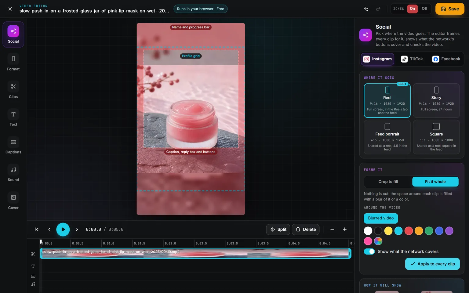 The Social panel of the Video editor framing a product clip as an Instagram Reel, with the zones Instagram covers in red over the preview and the placements on the right