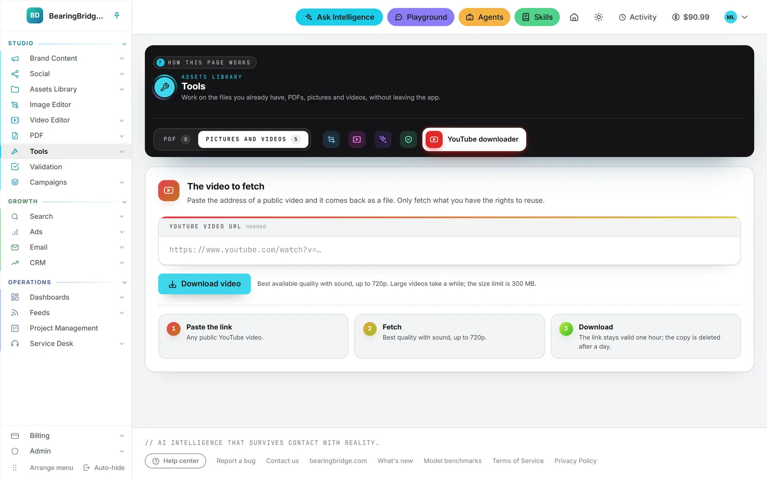 The YouTube downloader in the Pictures and videos folder of the Tools band: the address field, Download video, and the three steps it goes through