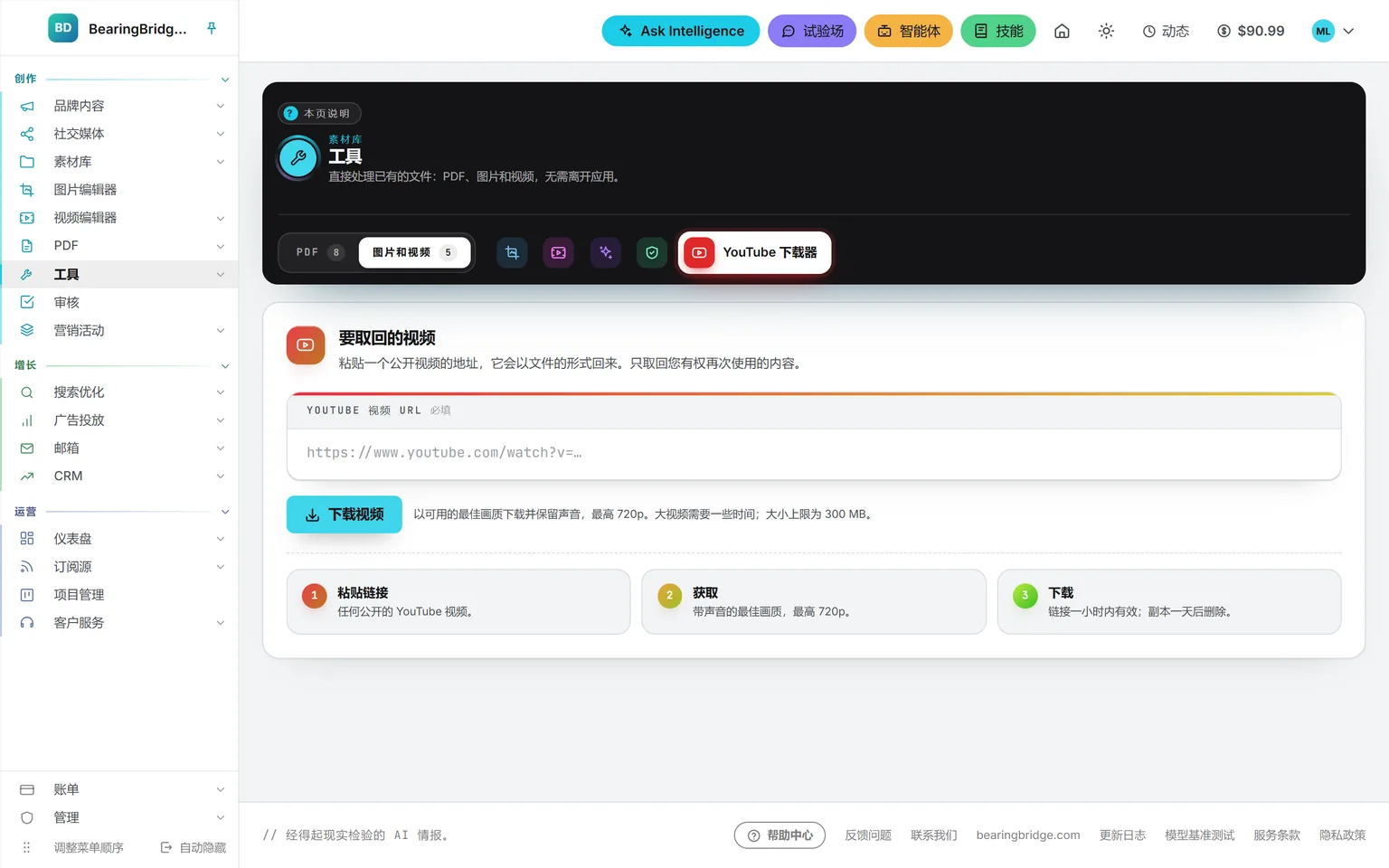 工具栏“图片和视频”文件夹中的 YouTube 下载器:地址栏、“下载视频”,以及下载要经过的三个步骤