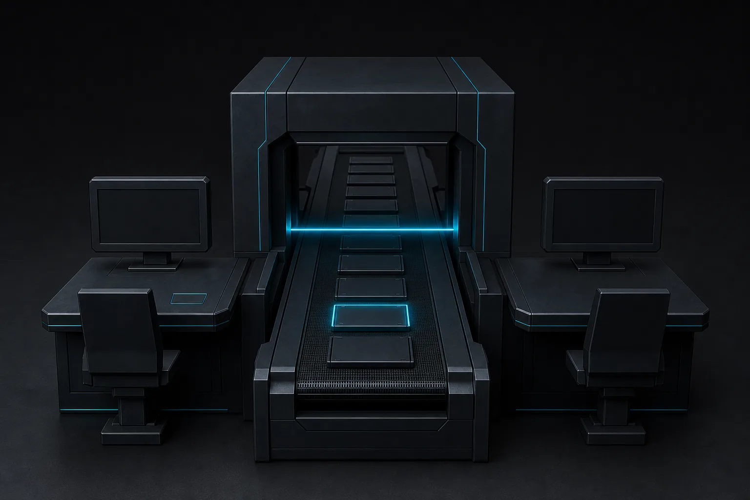 A two-seat console with a conveyor of panels passing under a cyan scanning line