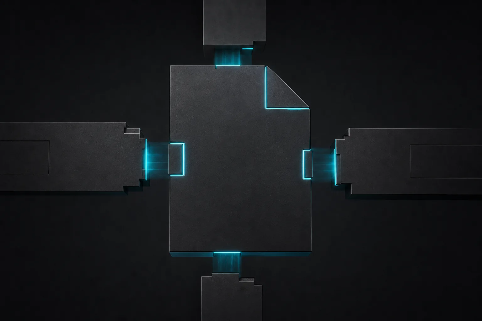 Parts sliding together into one document-shaped slab, seams lit cyan