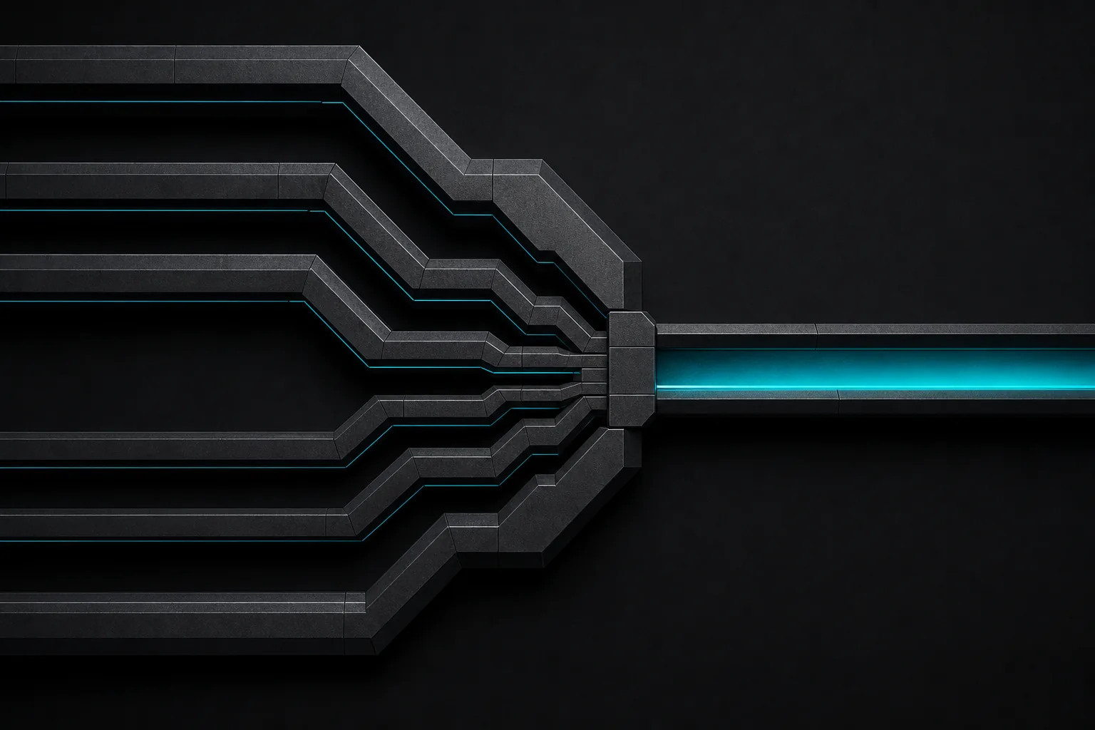 Five channels of different widths merging into one cyan-lit channel
