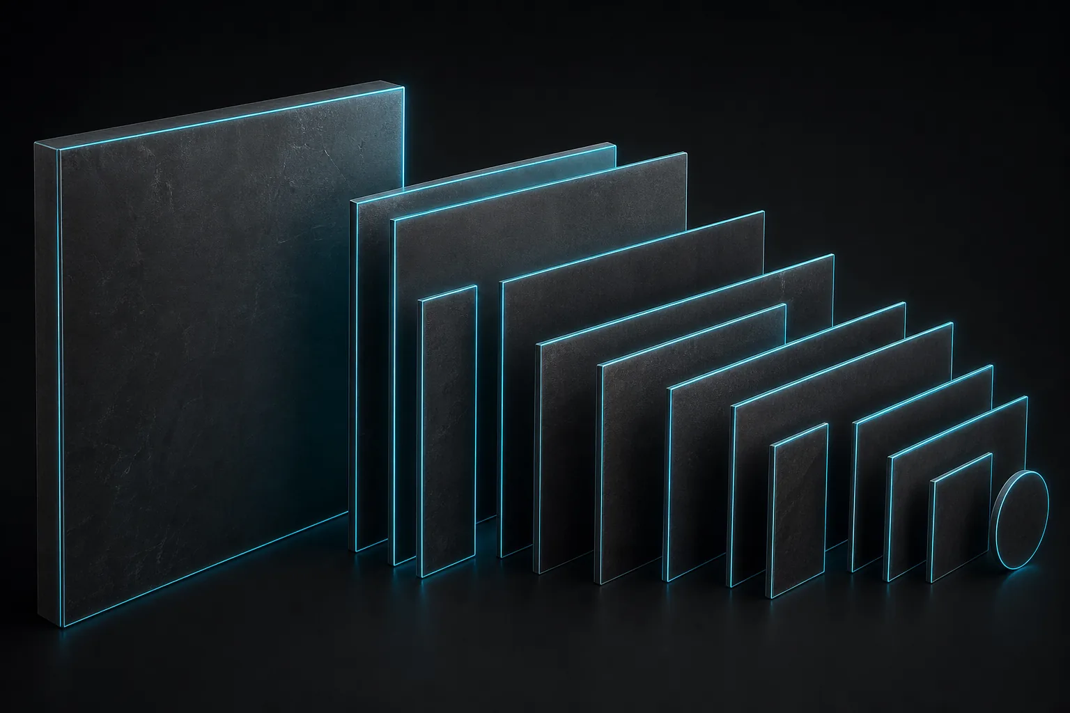 One master panel beside a fanned array of smaller panels in many formats