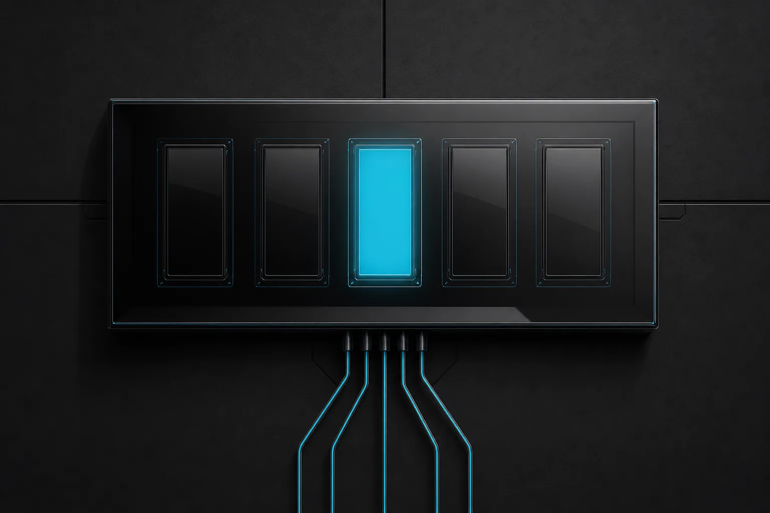 A dark control panel with one gauge lit cyan and five cables converging into it