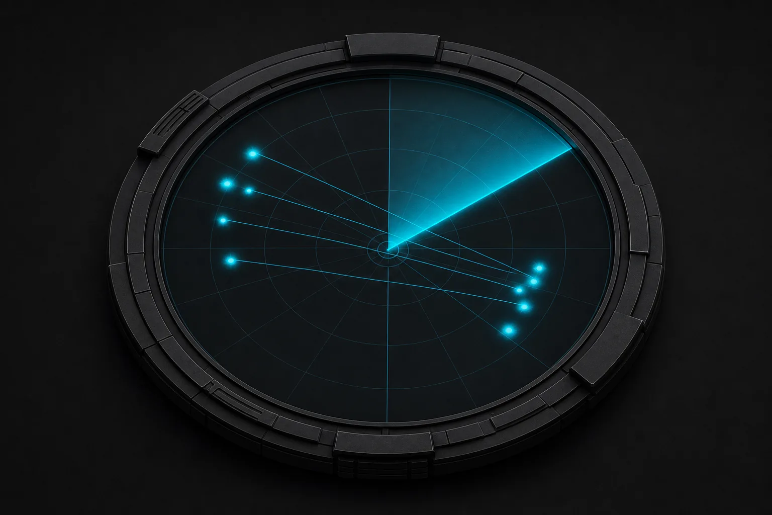 A radar disc with a cyan sweep and paired signal blips on opposite halves