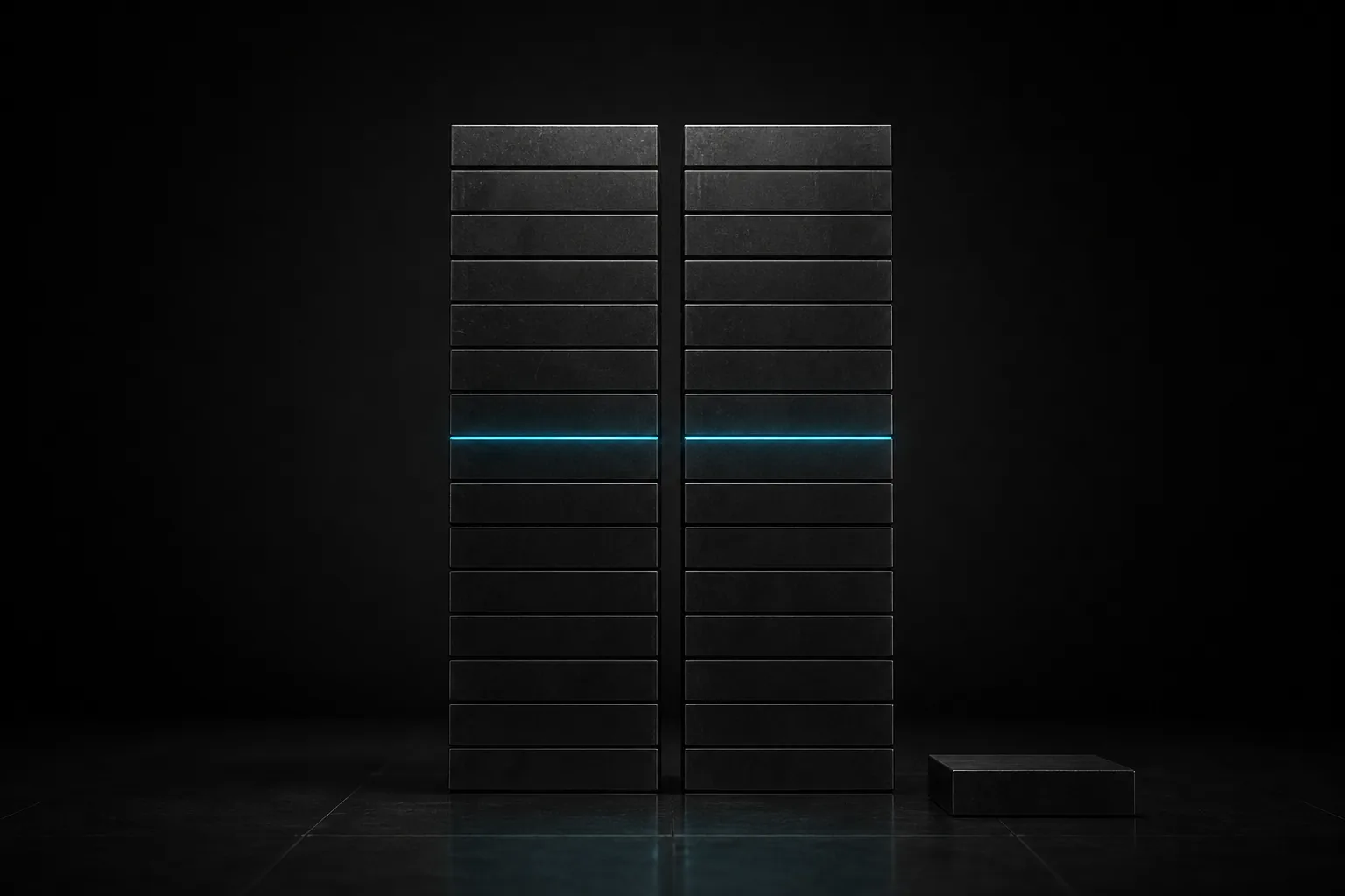 Two aligned columns of ledger blocks with one block set apart and unlit