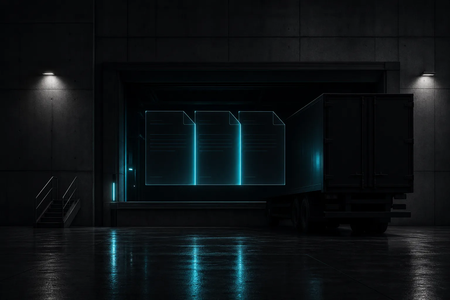 A truck at a loading dock behind three document sheets aligned by a cyan edge