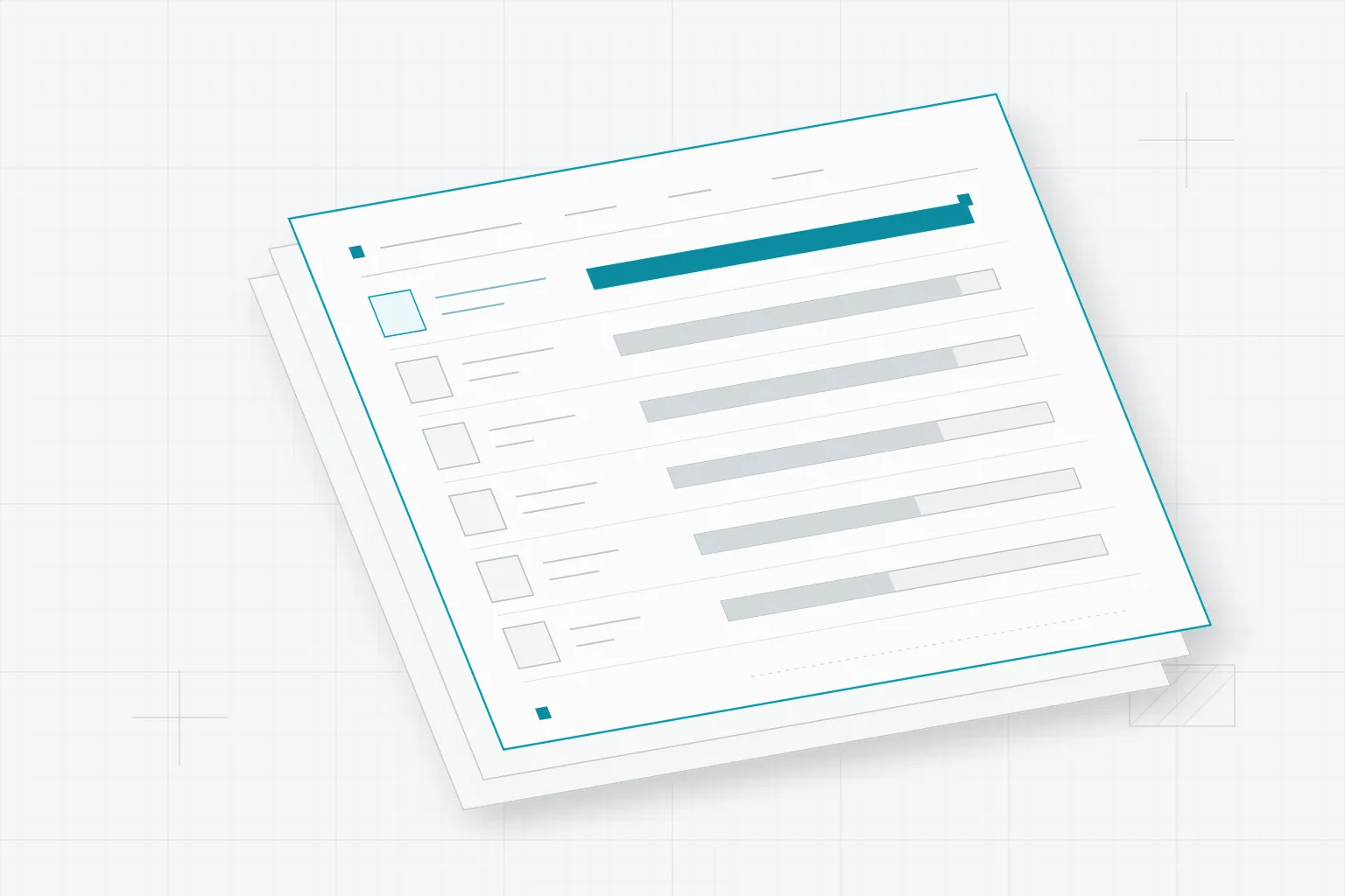Une feuille de classement blanche de six lignes sur une grille pâle, la première bordée et remplie de cyan profond, les autres en gris