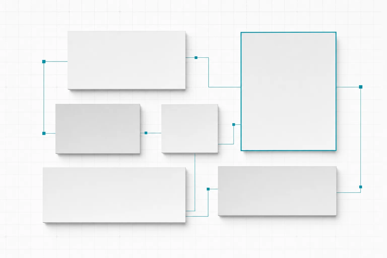Six carbon panels in a bento grid, joined by cyan circuit traces, one panel outlined in cyan