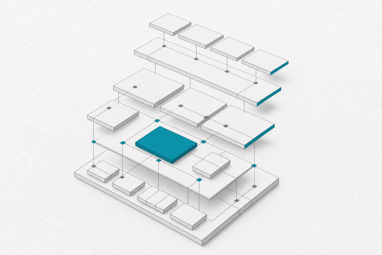 Isometric stack of flat carbon slabs wired together, with one layer lit cyan