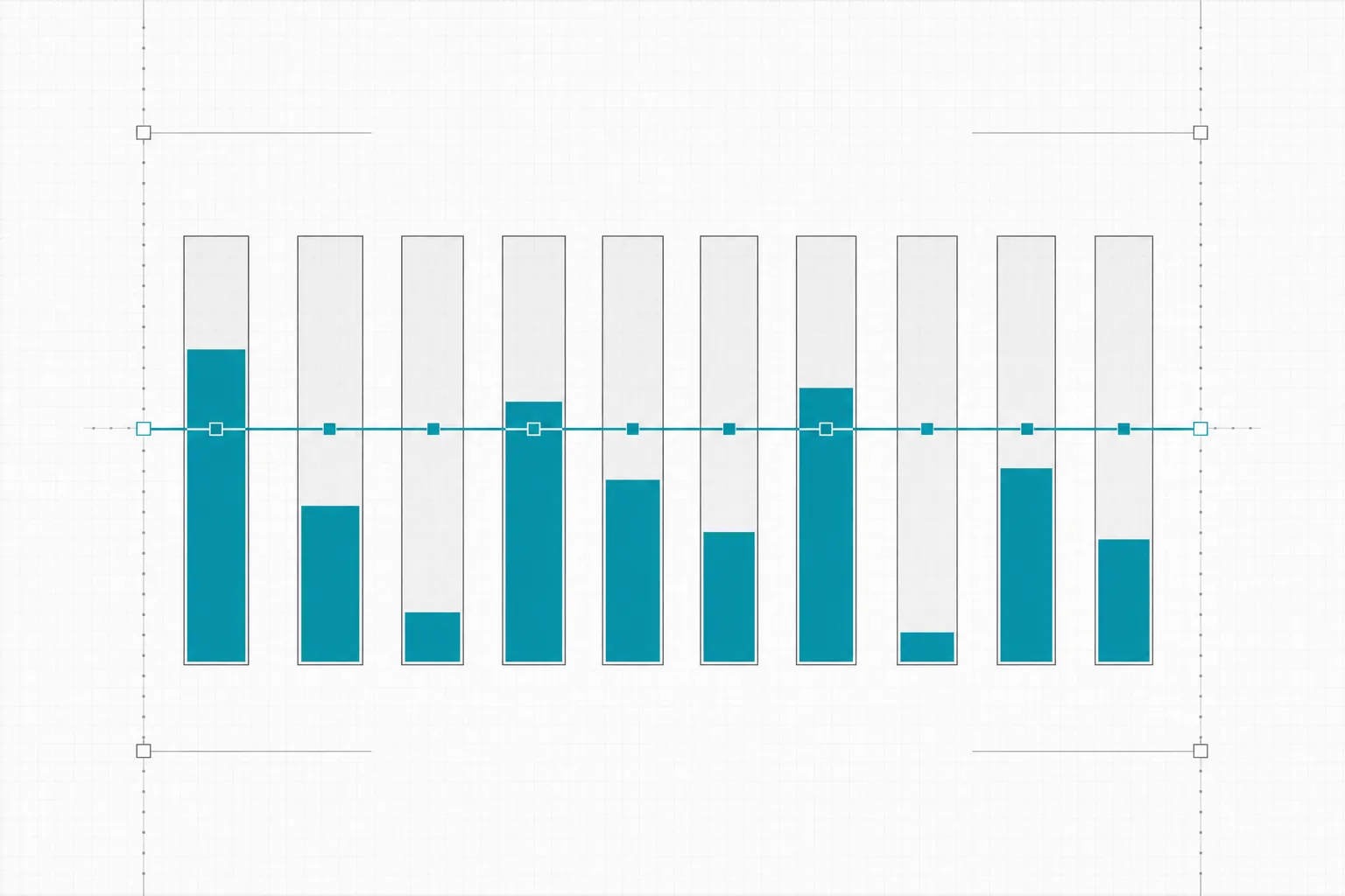 Six horizontal cyan meter bars filled to different levels, cut by one vertical cyan limit line