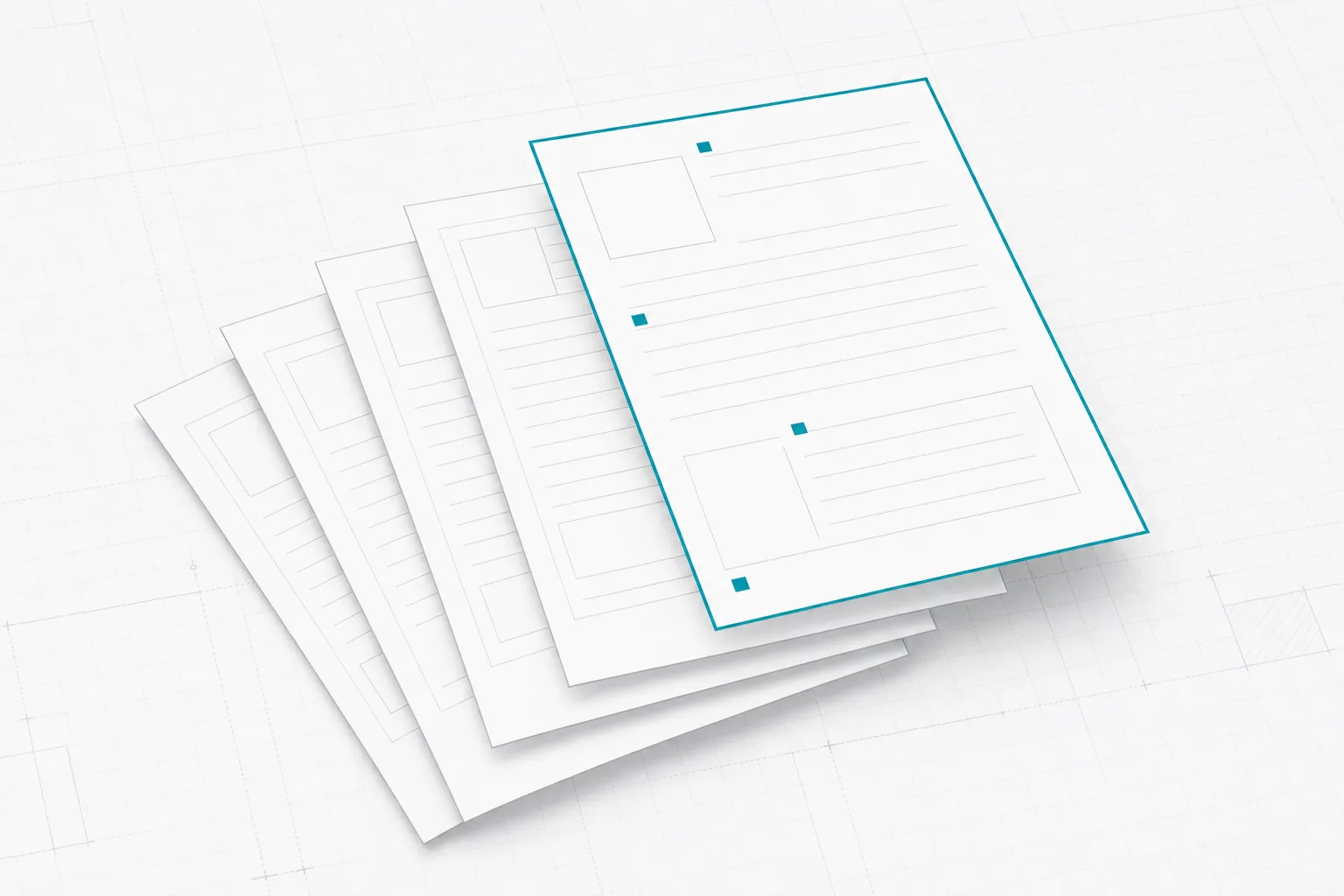A fanned stack of dark ruled sheets with the top one edged in cyan
