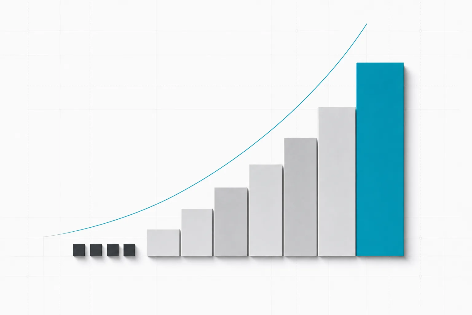 A row of carbon blocks climbing steeply to a single tall cyan block, a hairline curve tracing the rise